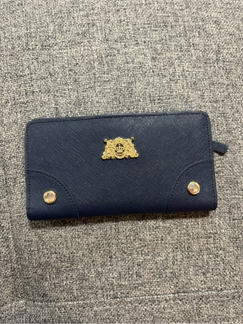 Juicy Couture Navy Blue Wallet Gold Crest Leopard Print Lining Y2K